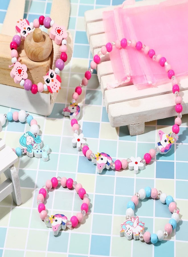 ميتلي مجموعة مجوهرات Mtlee للبنات، 4 قطع، تتضمن قلادة وسوار أميرة مزينين بخرز خشبي ملون، مع قلادة على شكل حورية بحر وحيد القرن، مثالية للعب التخيلي، هدية رائعة لحفلات الأطفال الصغار. - Image 4